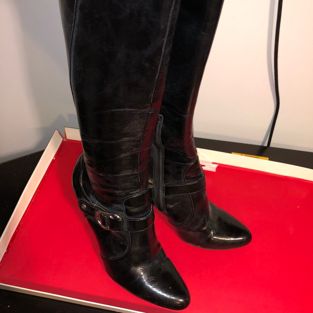 Black faux leather knee high heel boots - Picture 4 of 5